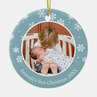 Snowflake First Christmas 2 Photo Custom Ceramic Tree Decoration