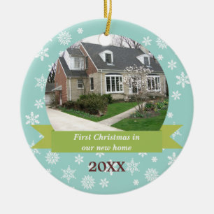 Snowflake flurry green banner teal custom photo ceramic tree decoration