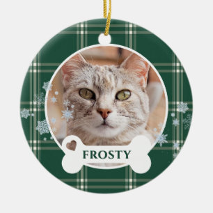 Snowflake Forest Green Christmas Plaid Custom Cat  Ceramic Tree Decoration