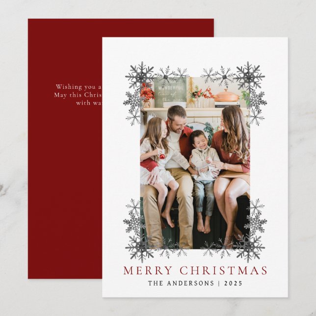 Snowflake Frame Christmas | Elegant Family 1 Photo Holiday Card (Front/Back)