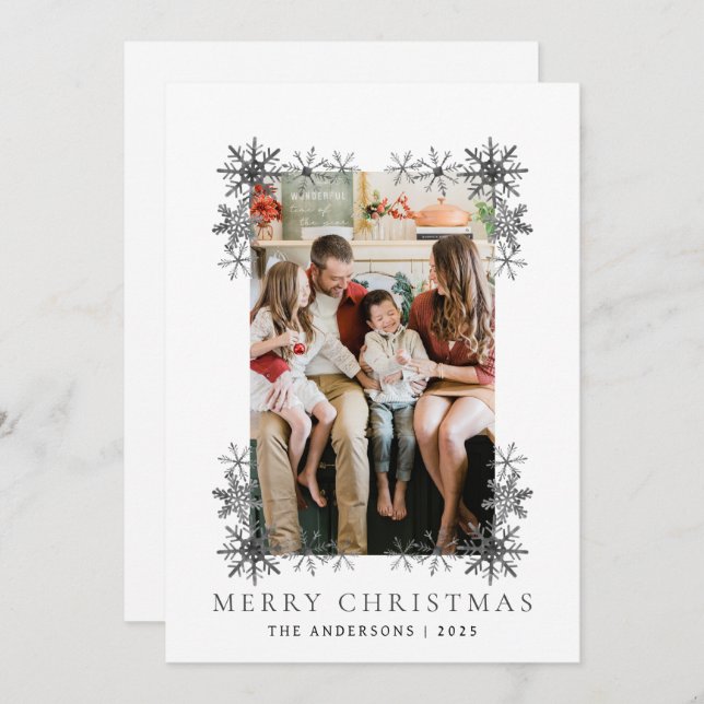 Snowflake Frame Christmas | Elegant Family 1 Photo Holiday Card (Front/Back)