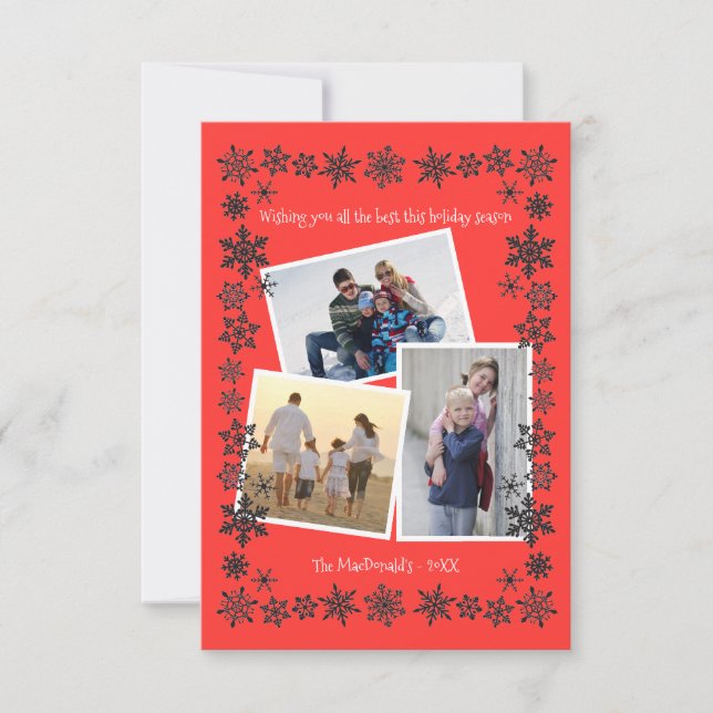 Snowflake Frame Red 3 Photos - 3x5 Christmas Card (Front)