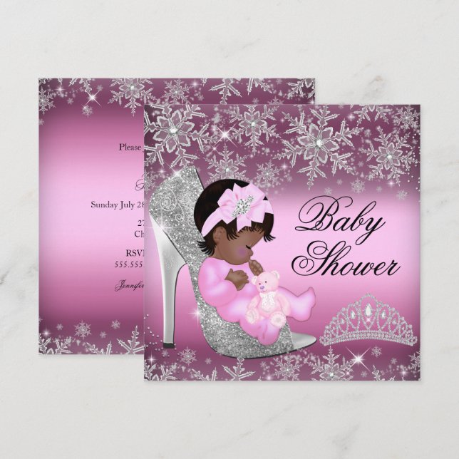 Snowflake Glitter Shoe Pink Baby Shower Invite (Front/Back)