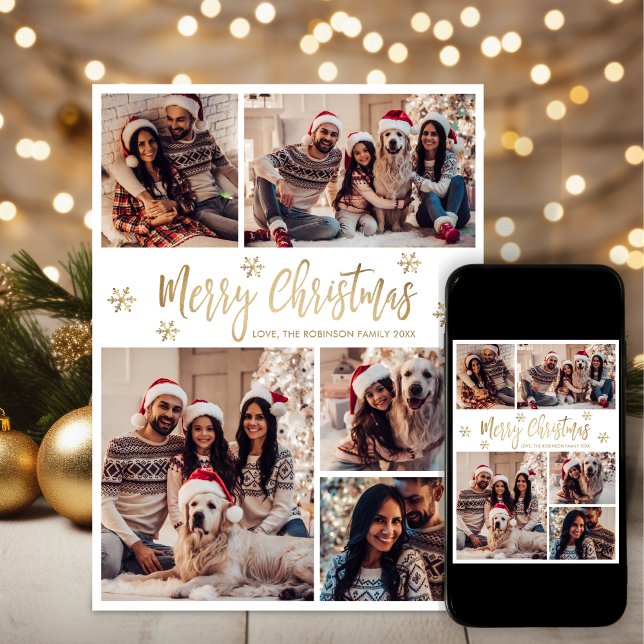 Snowflake Gold and White 5 Photo Collage Christmas Holiday Card (Creator Uploaded)