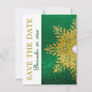 Snowflake gold emerald green wedding Save the Date