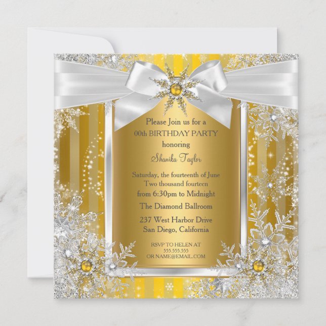 Snowflake Gold Silver Bow Winter Wonderland Party Invitation (Front)