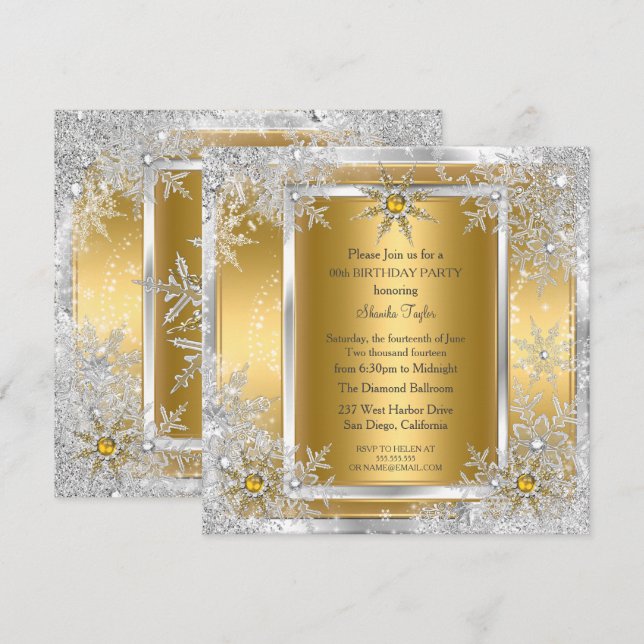 Snowflake Gold Silver Winter Wonderland Party 2 Invitation (Front/Back)