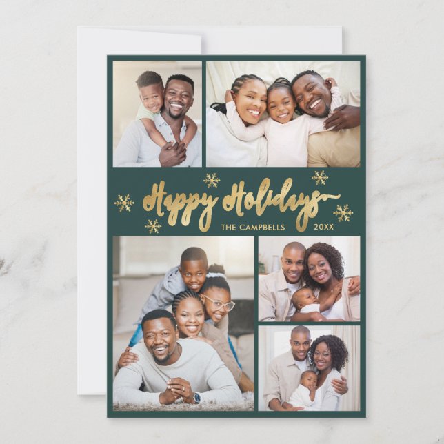 Snowflake Green and Gold 5 Photo Collage Christmas Holiday Card (Front)