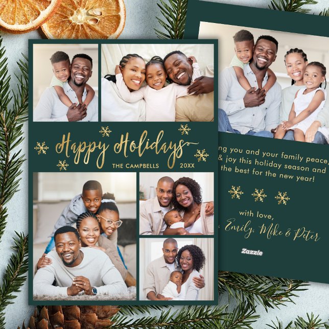 Snowflake Green and Gold 5 Photo Collage Christmas Holiday Card (Creator Uploaded)