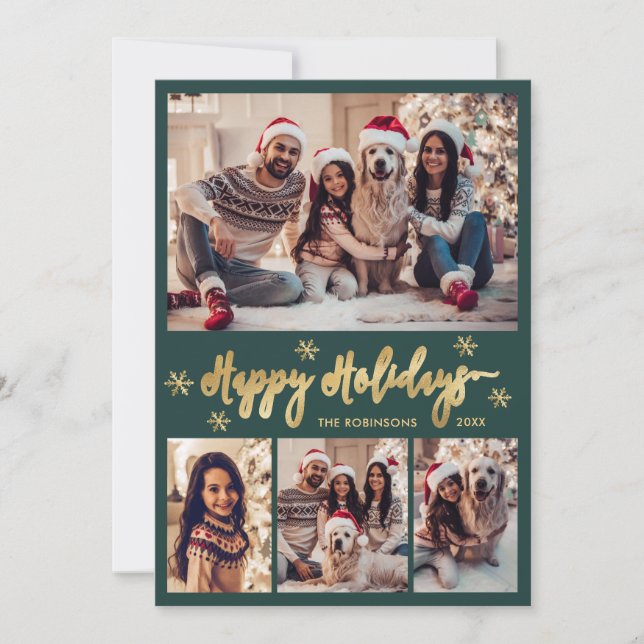 Snowflake Green and Gold 5 Photo Collage Happy  Holiday Card (Front)