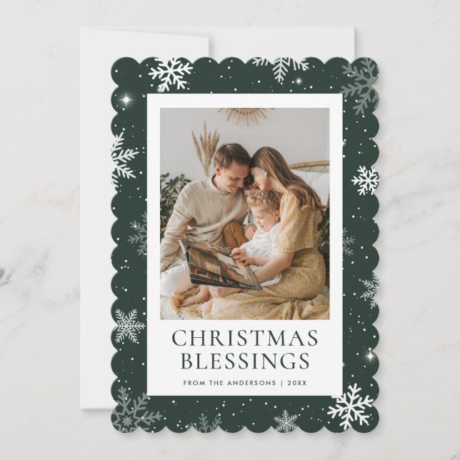 Snowflake Green Christmas Blessings Photo Holiday Card (Front)