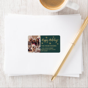 Snowflake Green Gold Photo Holiday Return Address Label