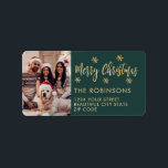 Snowflake Green Photo Christmas Return Address Label<br><div class="desc">Modern Green and Gold Snowflake Photo Merry Christmas Script Holiday Christmas Return Address Labels. Features a „Merry Christmas” script,  one family photo,  snowflakes on green background. Great for Christmas holiday season,  easy to personalise them with your names and return address info.</div>