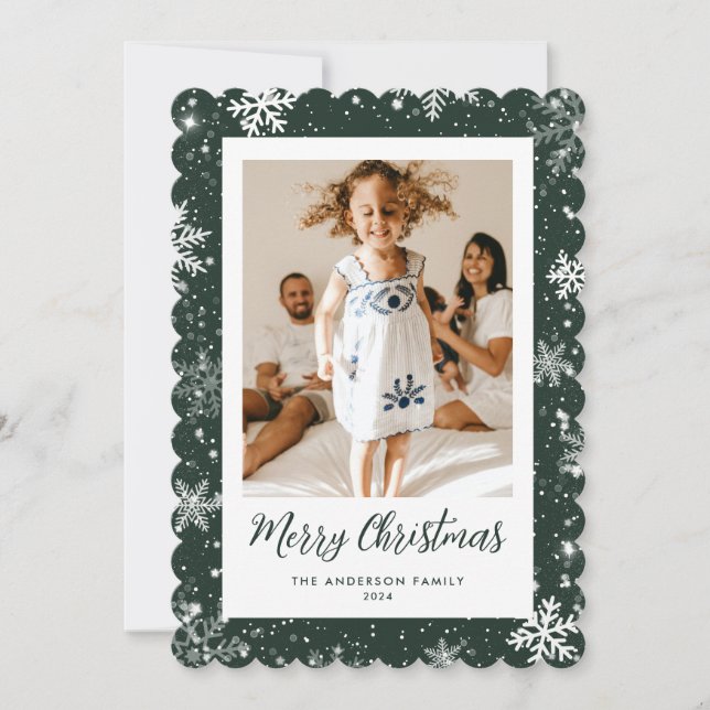 Snowflake Green Photo Merry Christmas Cards (Front)