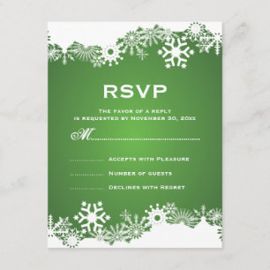 Snowflake green white winter wedding RSVP