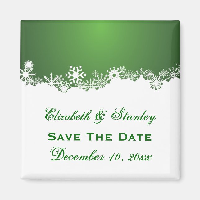 Snowflake green white winter wedding Save the Date Magnet (Front)