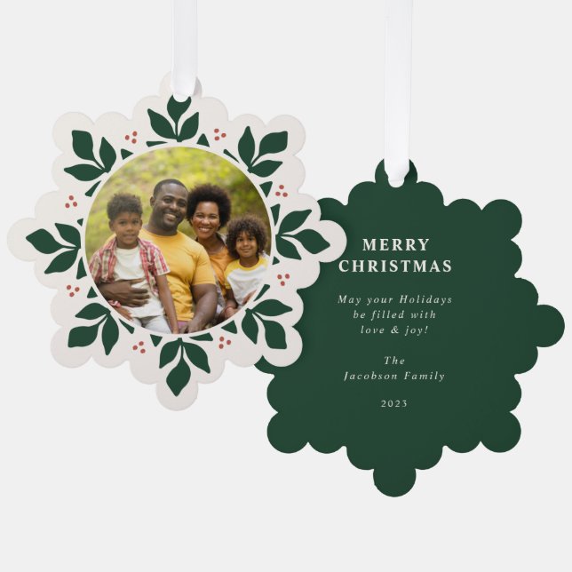 Snowflake Greenery Frame Holiday Photo Tree Decoration Card (Front/Back)