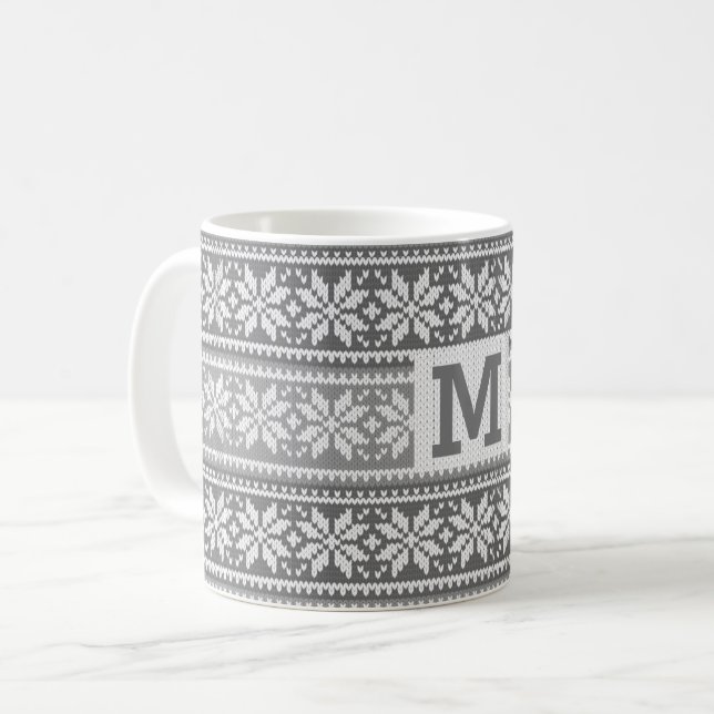 Snowflake Grey Nordic Faux Knit Sweater Monogram Coffee Mug (Front Left)