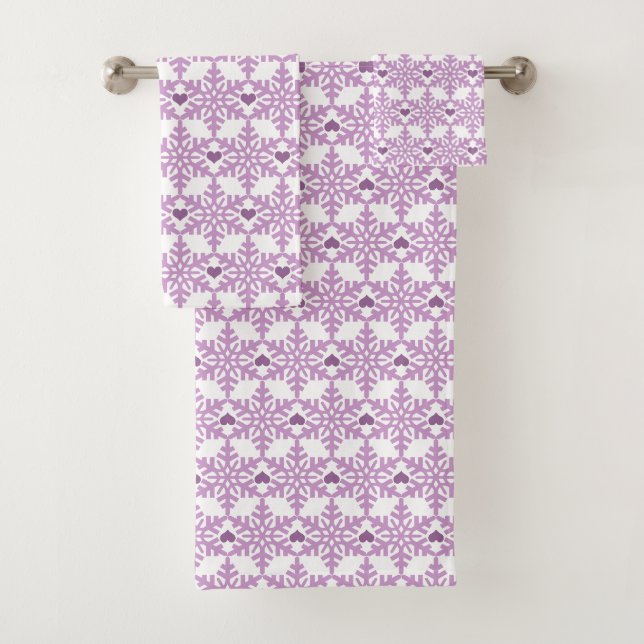Snowflake Heart Pattern - Custom Background Colour Bath Towel Set (Insitu)
