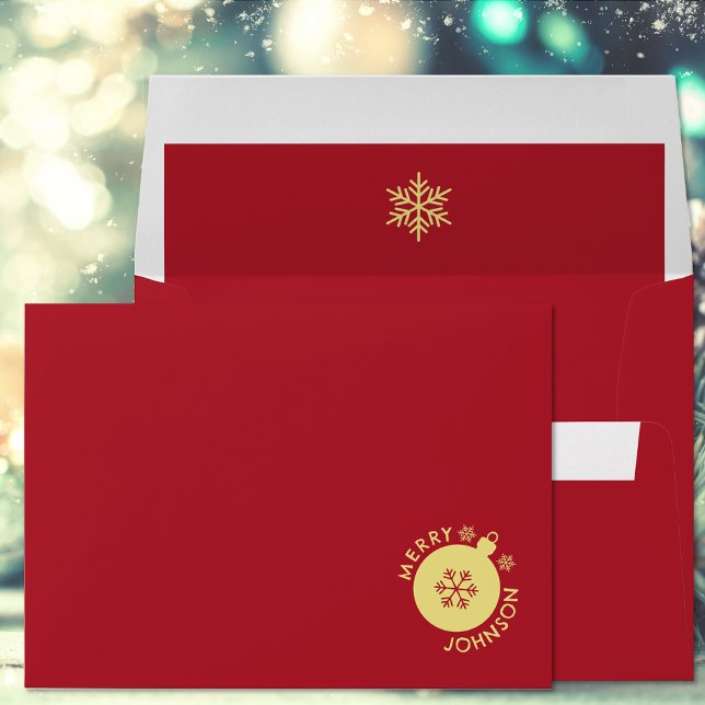 Snowflake Holiday Custom Text Red Gold Envelope (Snowflake Holiday Custom Text Red Gold Envelope (front and back flap))