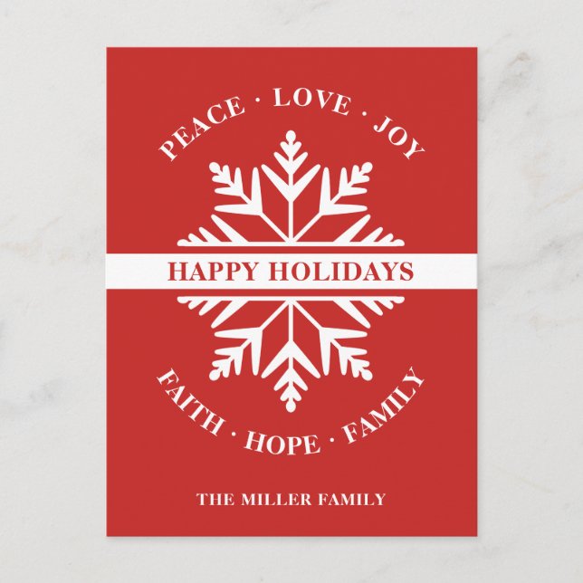 Snowflake Holiday Peace Love Joy Faith Hope Postcard (Front)