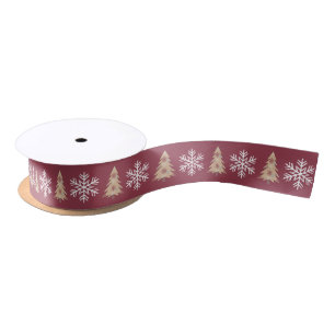 Snowflake Holiday Tree Pattern on Maroon Satin Ribbon