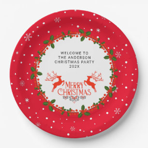 Snowflake, Holly Berries and Reindeer Custom  Paper Plate