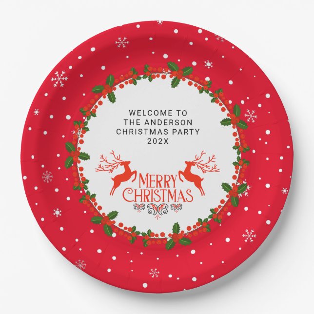 Snowflake, Holly Berries and Reindeer Custom  Paper Plate (Front)