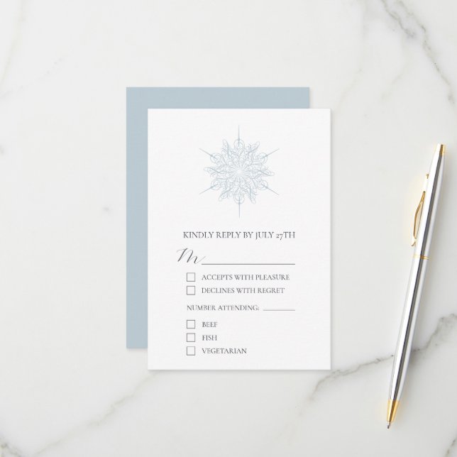 Snowflake Ice Blue Elegant Winter Wedding RSVP Card (Front/Back In Situ)