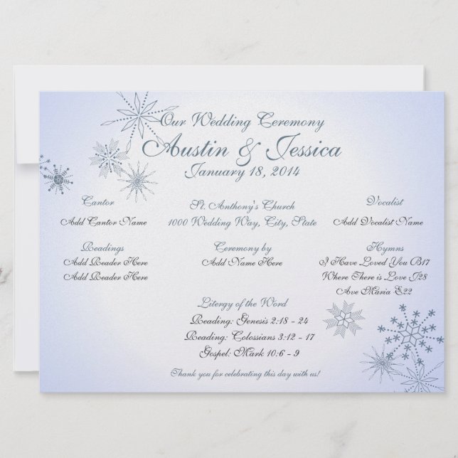 Snowflake Ice Blue Wedding Program Invitation (Front)