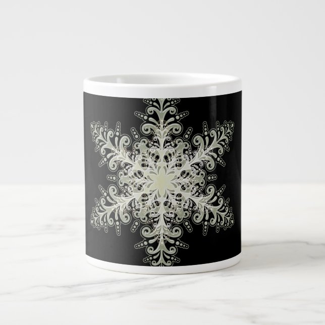 Snowflake ice lace white black elegant winter large coffee mug (Front)