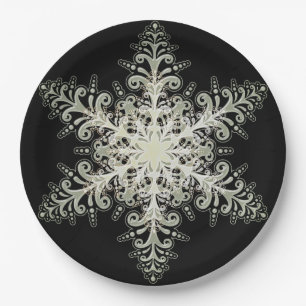 Snowflake icy lace winter white and black elegant paper plate