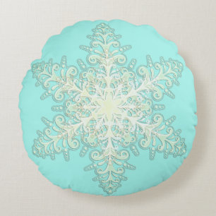 Snowflake icy lace winter white and teal elegant round cushion