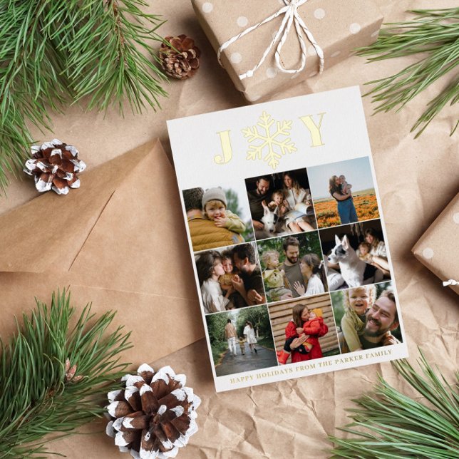 Snowflake Joy 9 Photos Happy Holidays Gold Foil Holiday Card (Creator Uploaded)