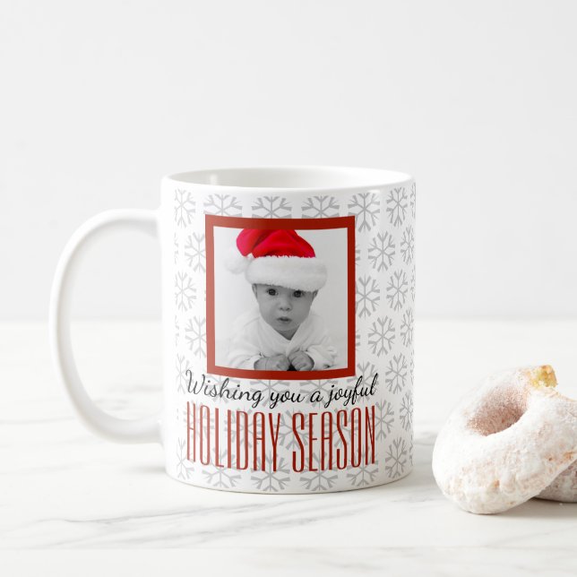 Snowflake Joyful Holiday Season Photo Coffee Mug (With Donut)