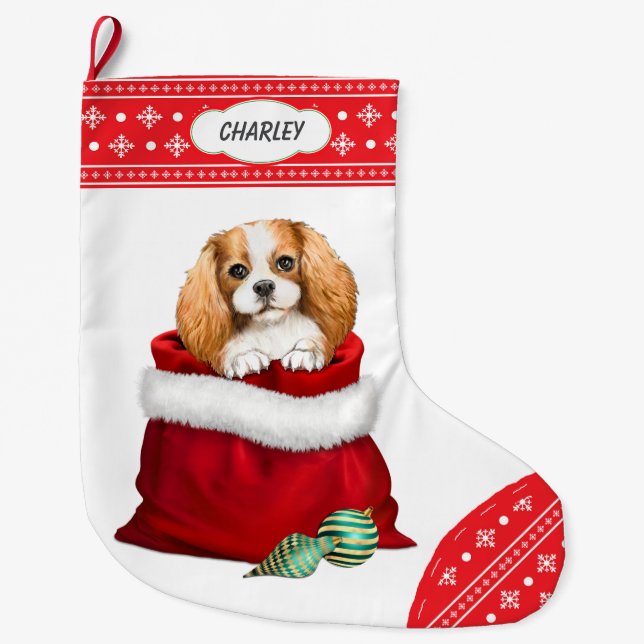Snowflake King Charles Spaniel Gift Surprise Large Christmas Stocking (Front)