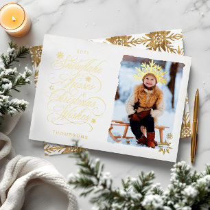 Snowflake Kiss Christmas Wishes Gold Script Photo Foil Holiday Card