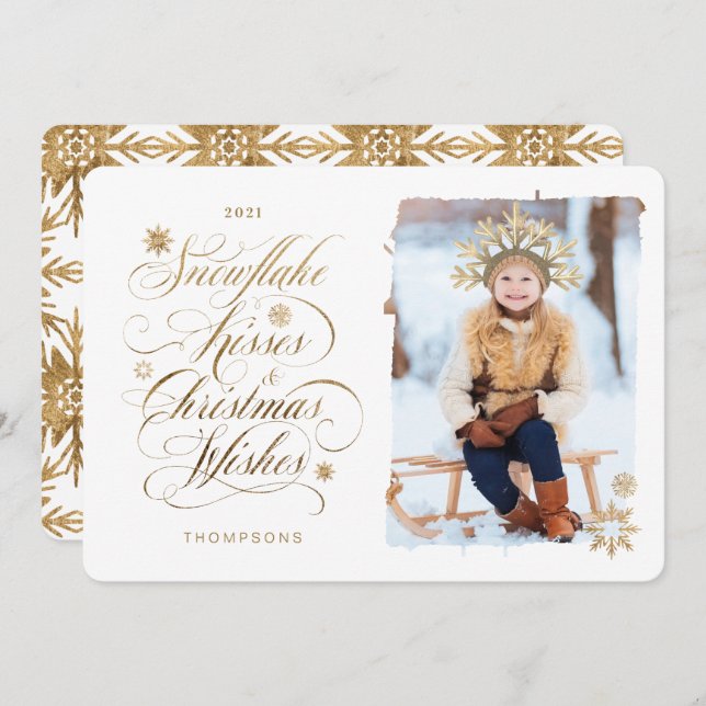 Snowflake Kiss Christmas Wishes Gold Script Photo Holiday Card (Front/Back)