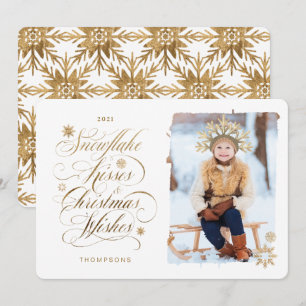Snowflake Kiss Christmas Wishes Gold Script Photo Holiday Card
