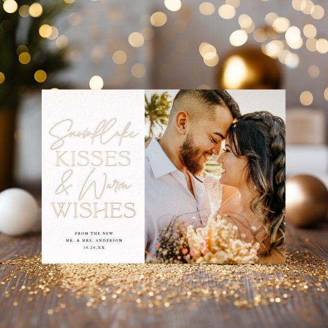 Snowflake Kisses Newlywed Christmas Three 3 Photo Foil Holiday Card (Creator Uploaded)