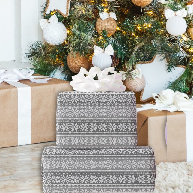Snowflake Knit Sweater Pattern Winter Grey   Wrapping Paper (Creator Uploaded)