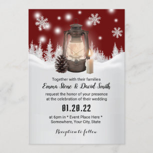 Snowflake & Lantern Red Winter Forest Wedding Invitation