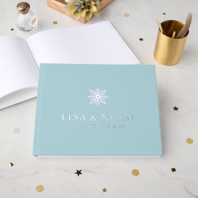 SNOWFLAKE LIGHT BLUE SILVER WINTER WEDDING  GUEST BOOK (Front Open)