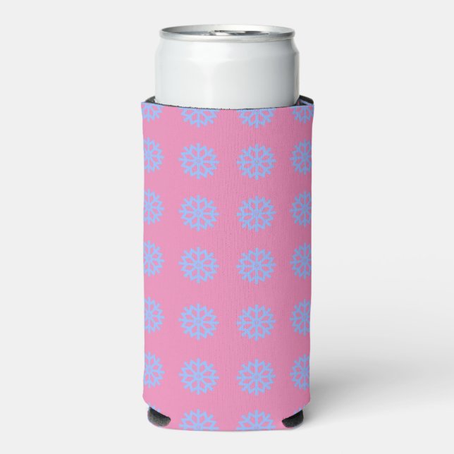  Snowflake Light Blue Winter Pattern Pink Seltzer Can Cooler (Seltzer Front)