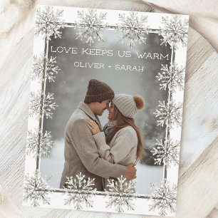 Snowflake Love keeps us warm couple photo Holiday Postcard