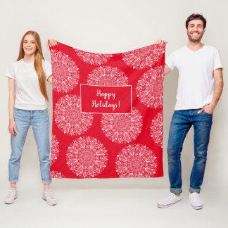 Snowflake Mandala Pattern Happy Holiday Red Winter Fleece Blanket