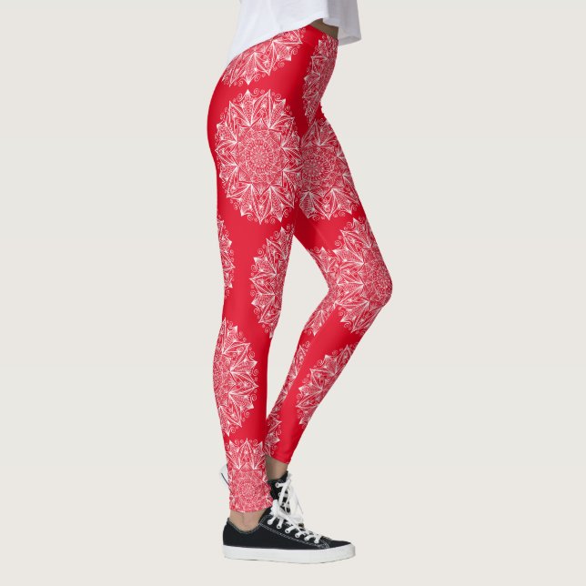 Snowflake Mandala Red and White Winter Pattern Leggings (Right)