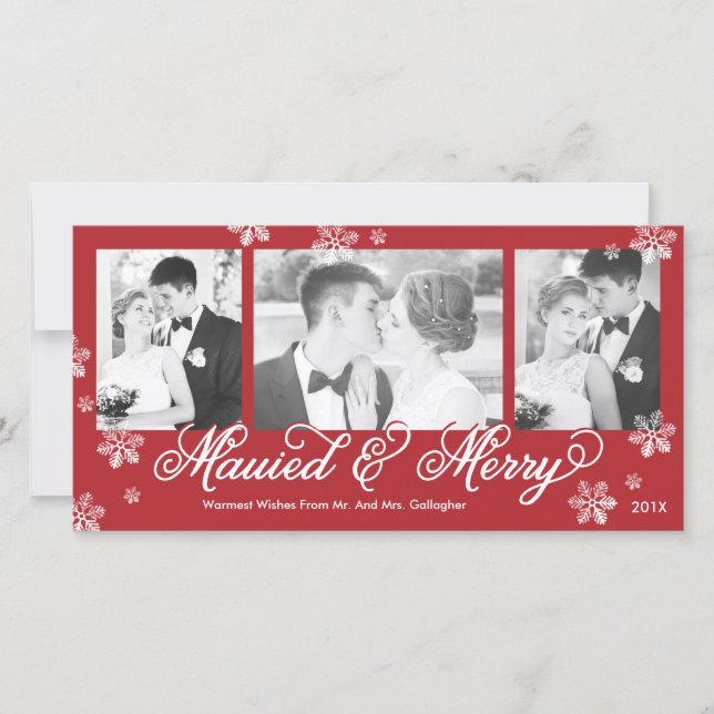 Snowflake Mauied & Merry 3-Photo Holiday Card (Front)