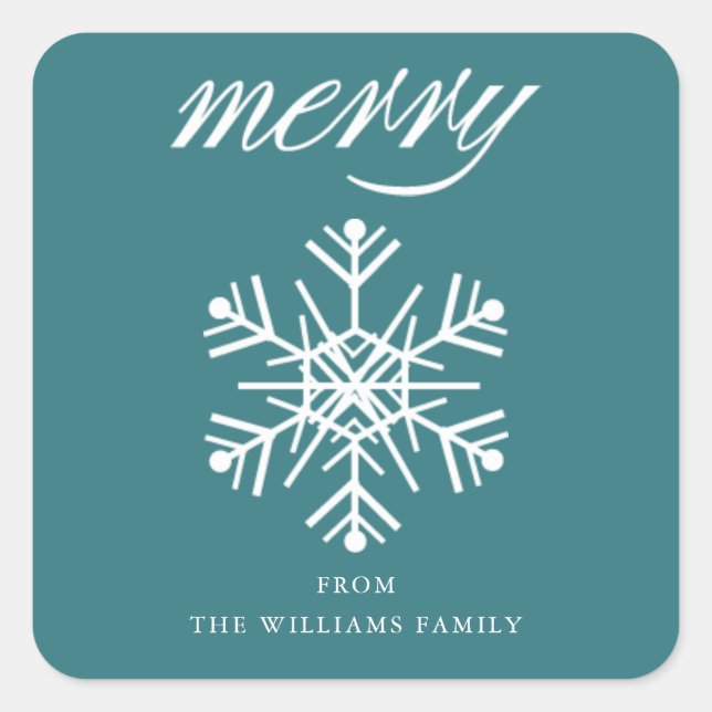 Snowflake Merry Christmas Blue Square Sticker (Front)