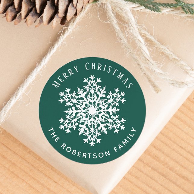 Snowflake Merry Christmas Holiday Green Classic Round Sticker (Creator Uploaded)